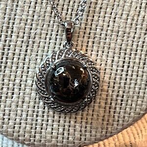 Matrix Silver Shungite 10.25 ctw Solitaire Ring & Necklace 20”in Stainless Steel